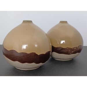 Pair 6" Drip Glaze Earth Tones with a Crackle Glaze Foot Pottery Balloon Vases
